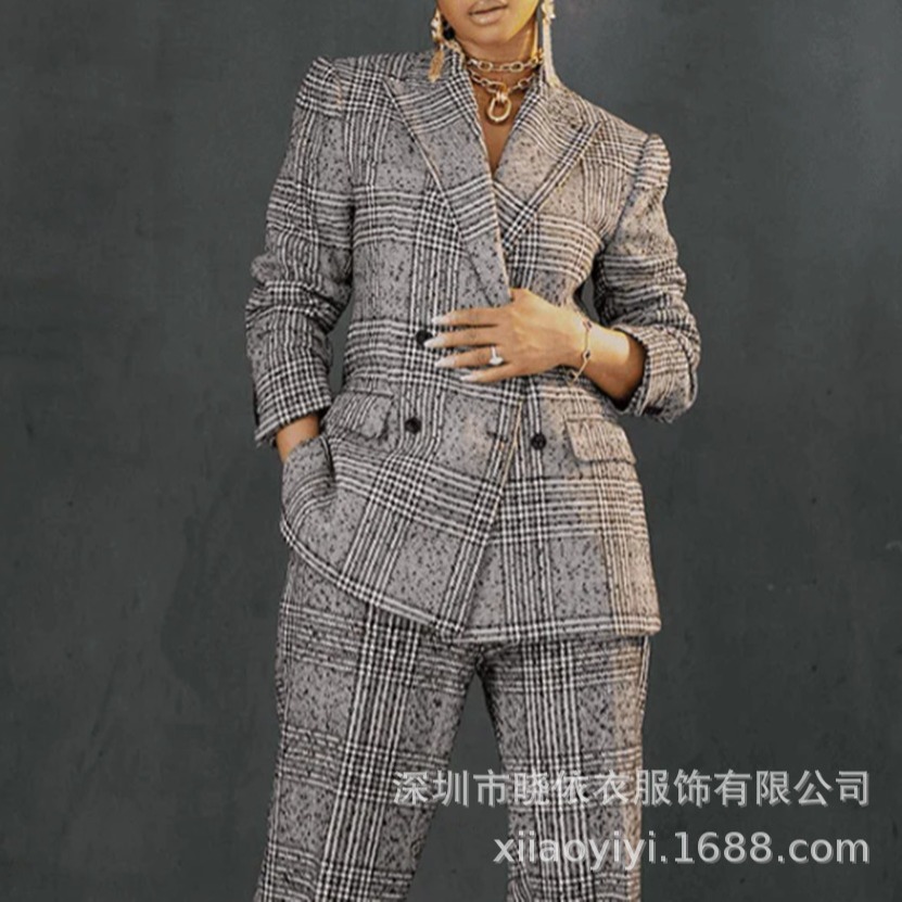 Amazon Cross-Border European and American Style Commuter Women's Plaid Jacket Suit New Loose Long Pants Two-Piece Set