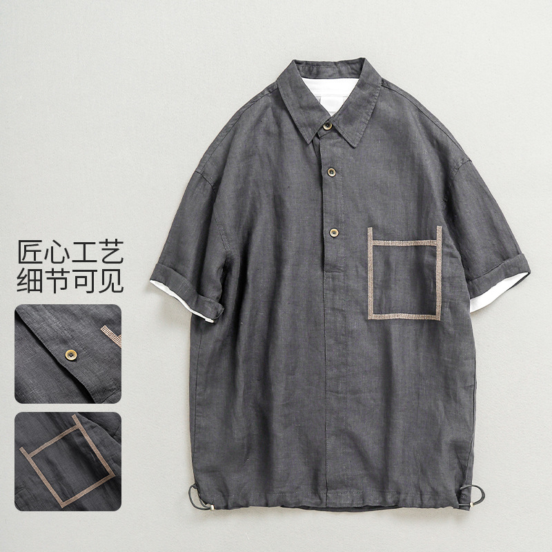 Summer new square collar large pocket linen top men's solid color fresh loose casual pullover wholesale 9005