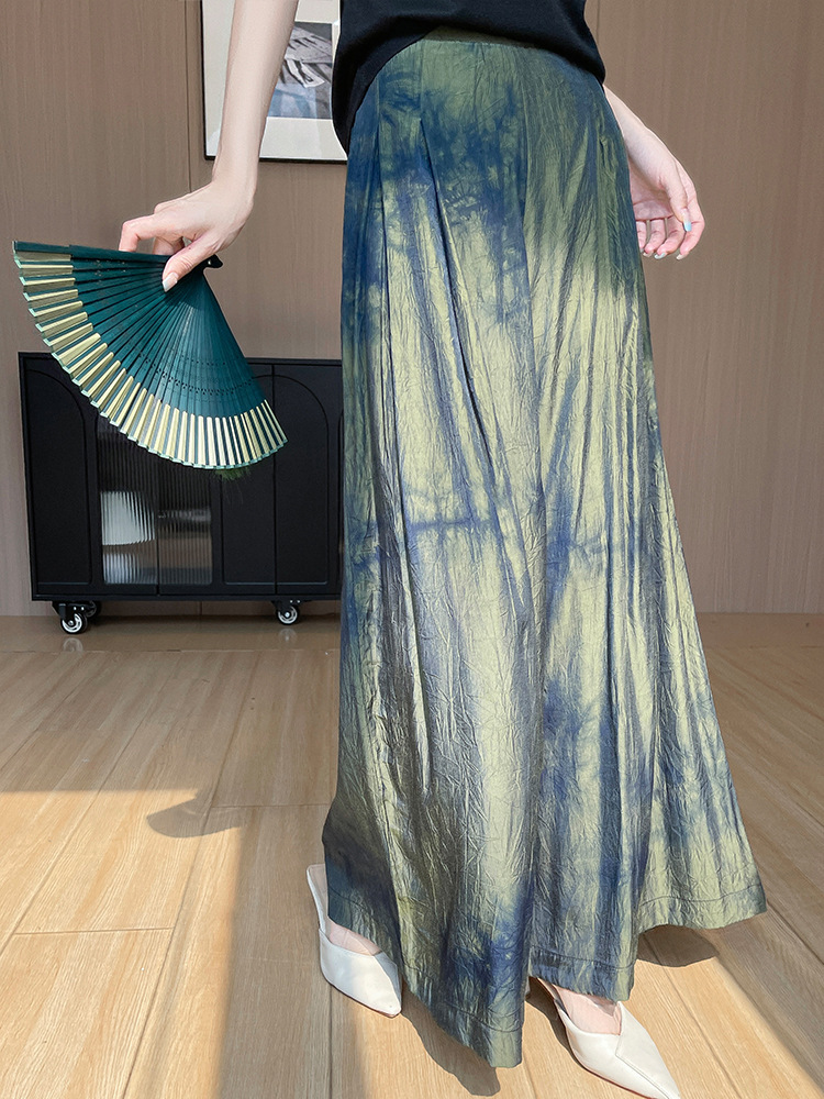 New Chinese Ink Tie-Dye Wide Leg Pants and Skirt Women's Summer National Style High Waist Elegant Satin Casual Pleated Large Pants