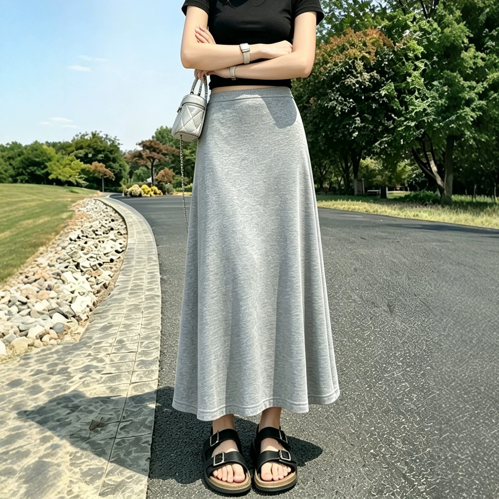 2026 Summer New Style Light Gray Women's Thin High-Waisted A-Line Sports Mid-Length Skirt for Petite Figures