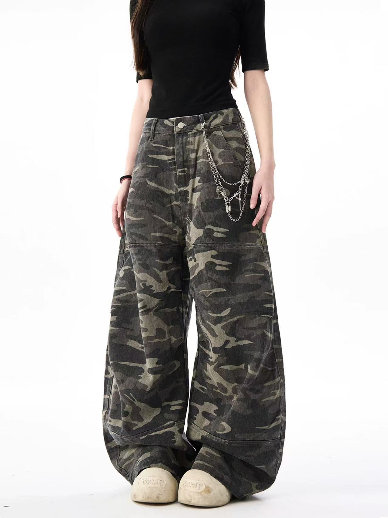 American Retro Camouflage Scimitar Jeans Unisex Silhouette Design Patchwork Loose Wide-Leg Casual Floor-Length Pants Trendy