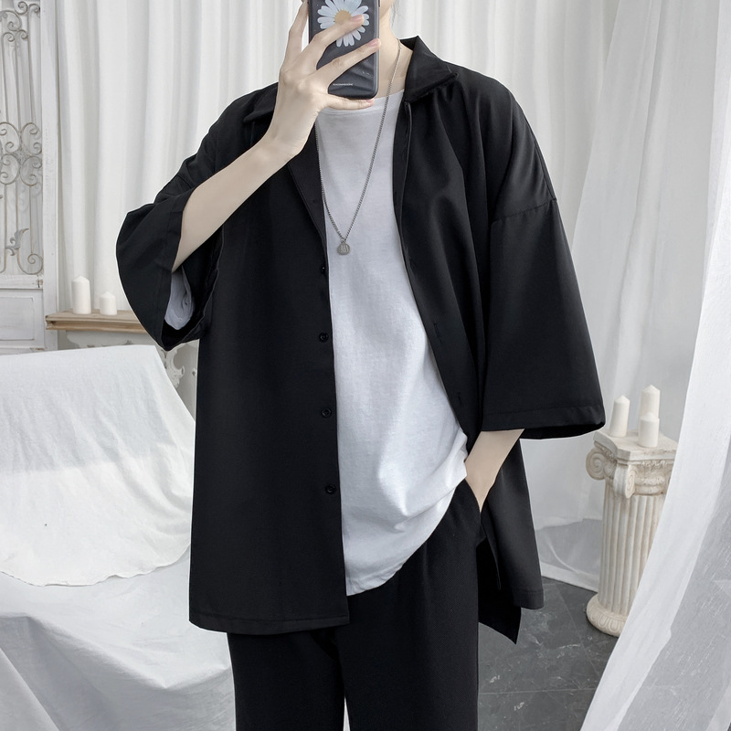 Short-Sleeved Shirt Men's Summer Ice Silk Three-Quarter Sleeve Shirt Hong Kong Style Handsome Loose Top Simple Casual Inch Shirt
