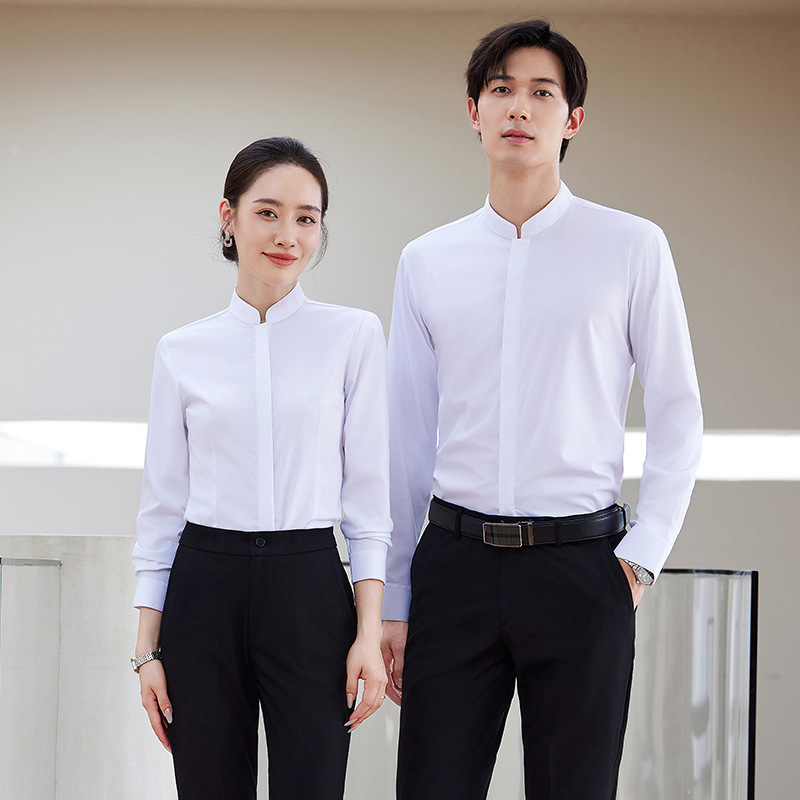 Vertical Collar White Shirt Men's Long-Sleeved Autumn Business Professional Dress Tooling Hotel KTV Attendant Work Clothes Shirt