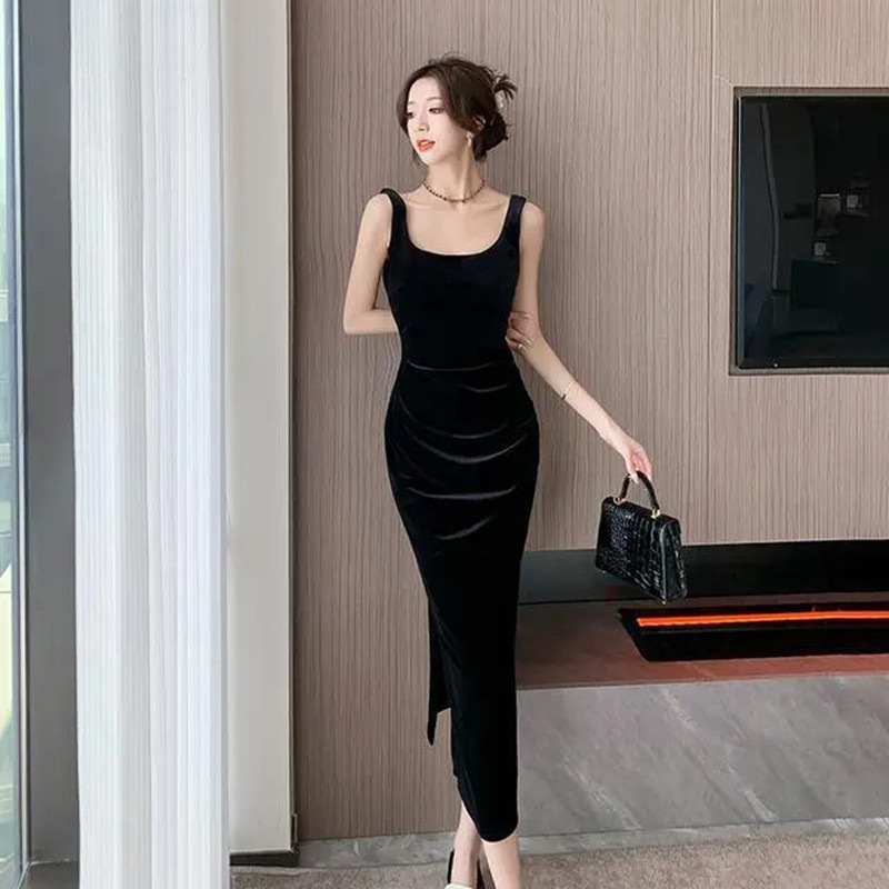 High-end Light Luxury Socialite Vintage Dress Fashion Sexy Elegant Slim-fit Slimming Spring and Summer Base Velvet dress