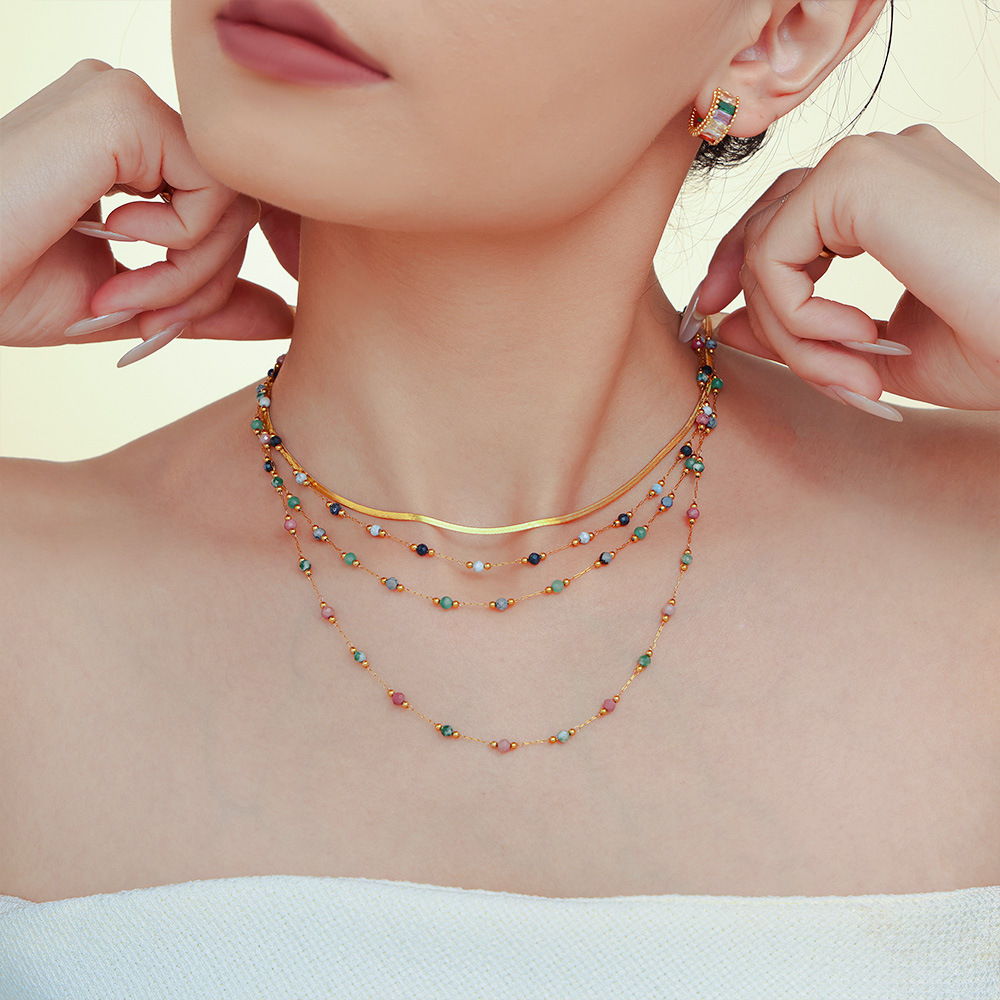 Dream Green Gold Natural Stone Handmade Beaded Clavicle Necklace Double Layer Overlapping Titanium Steel PVD Plated Real Gold First Jewelry