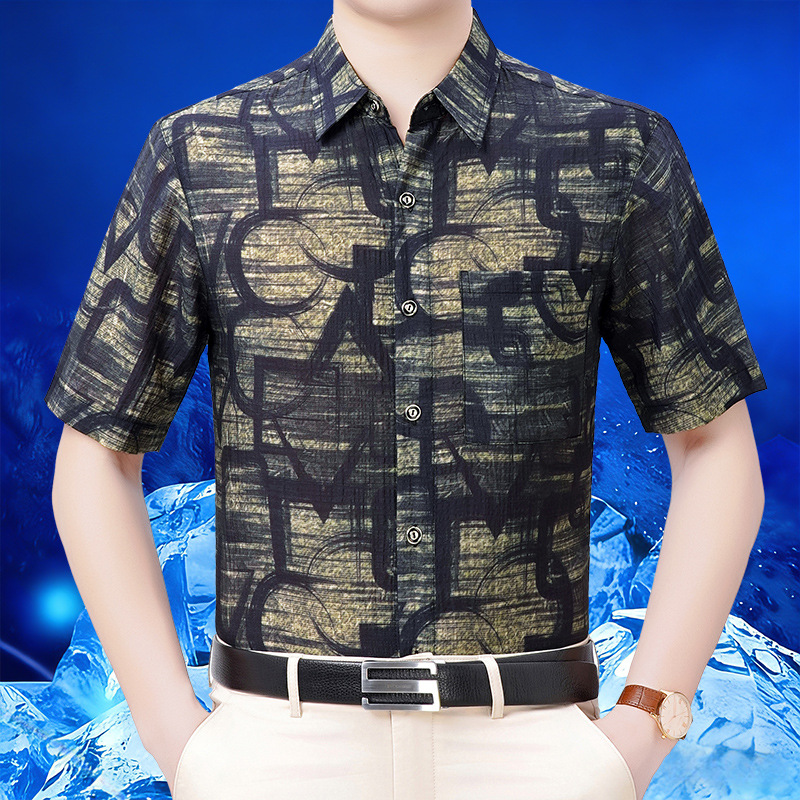 2026 Summer Men's Short-Sleeved Shirt, Mercerized Cotton Printed Loose Casual Casual Linen Breathable Men's Top for Middle-Aged and Elderly People