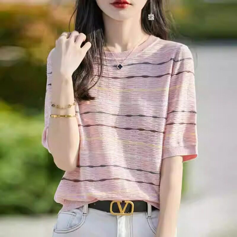 High-End European Short-Sleeved Round-Neck T-Shirt Knitwear for Women 2026 Summer New Style Colorful Striped Thin Ice Silk Top