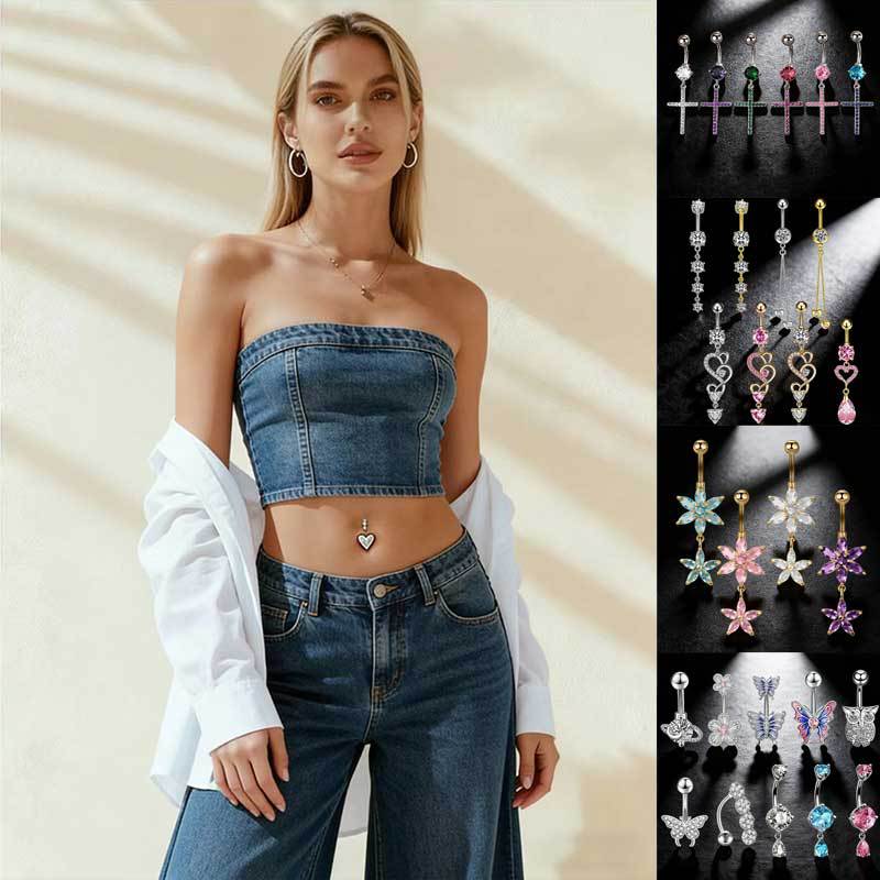 Cross-Border Hot-Selling Micro-Inlaid Zircon Series Belly Button Rings, Heart-Shaped Tassel Belly Button Studs, European and American Style Piercing Screw Belly Button Rings