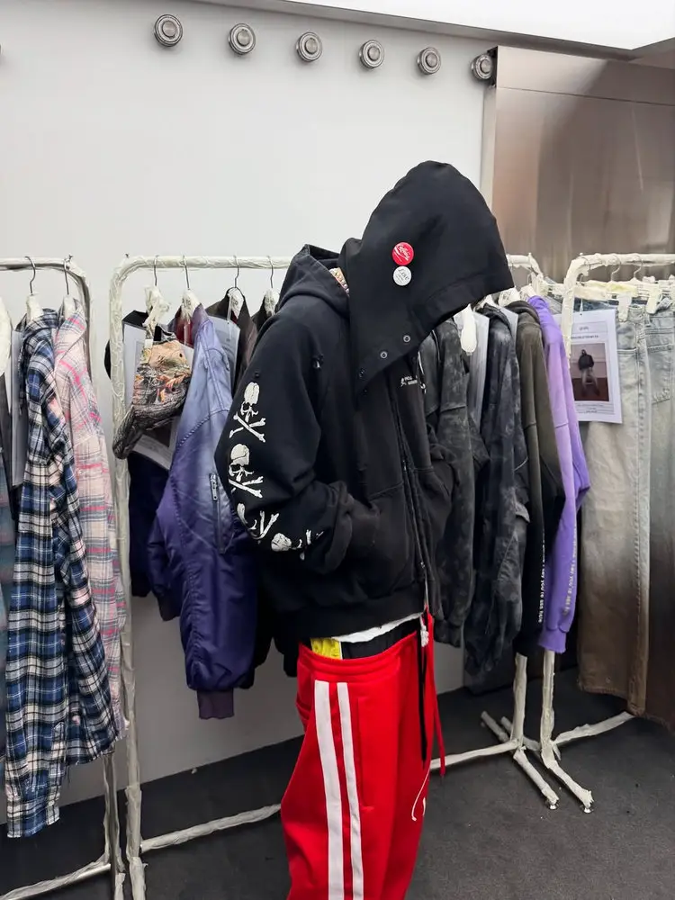 GRALIZ PROJECT G/R Skeleton Splicing Water Washed, Used, Broken Hole Pulling, Hooded Hoodie, Men's Trendy Coat