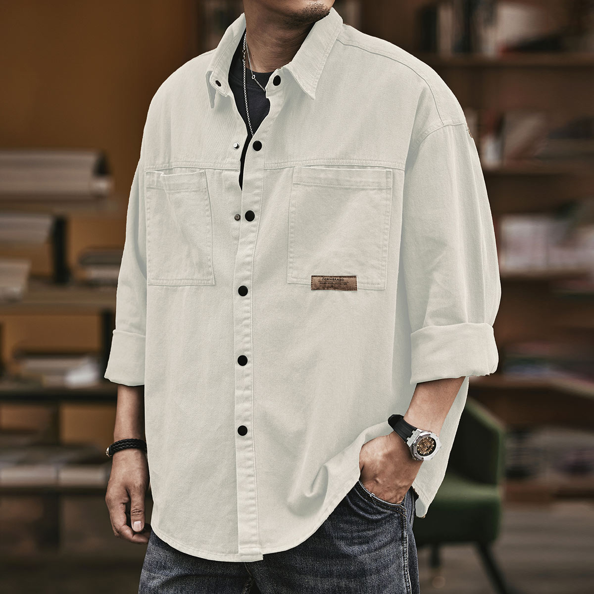 American-style heavy creamy-white workwear shirt men's Spring and Autumn New loose casual top fashion brand long sleeve shirt men