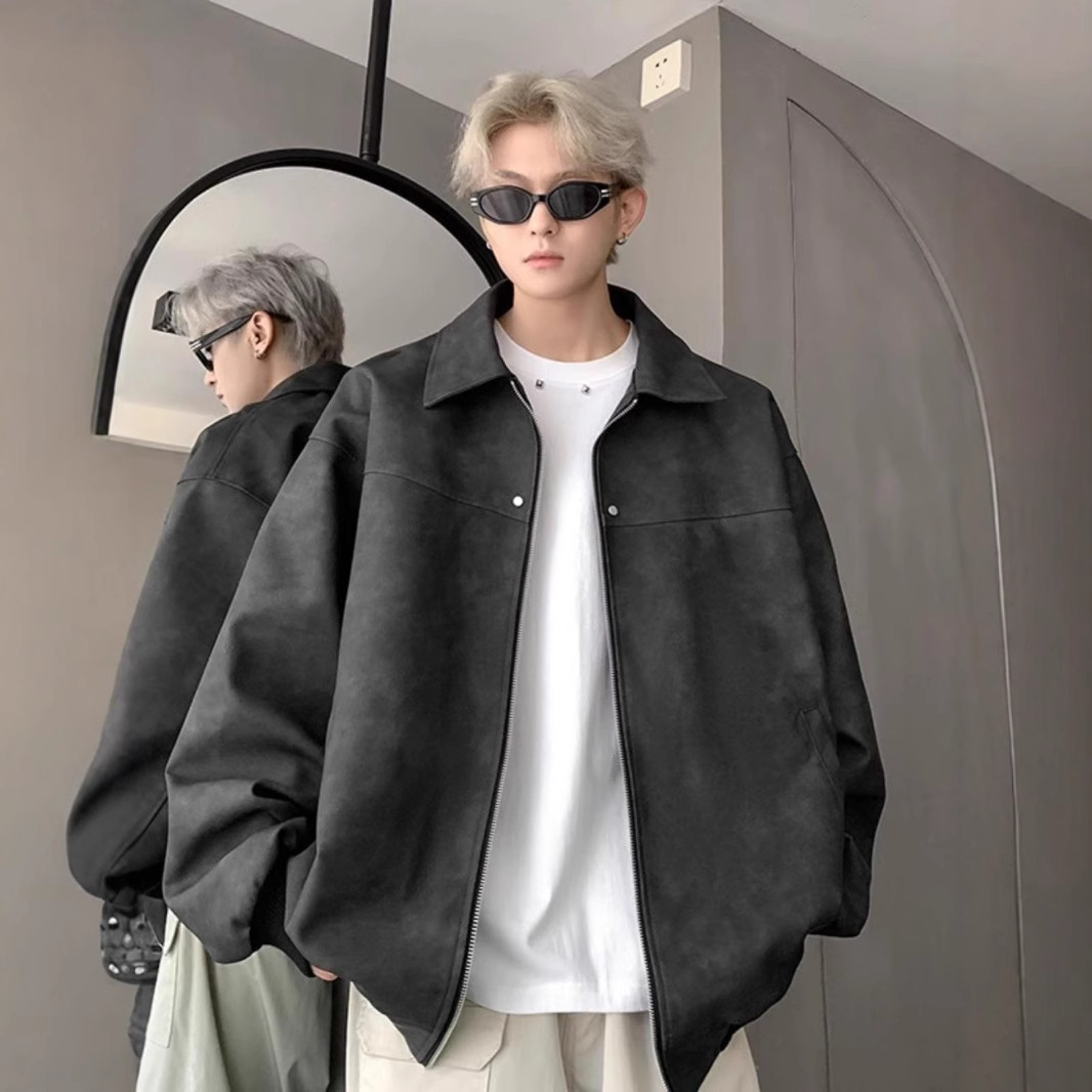 Spring and Autumn American Style Vertical Collar Motorcycle Jacket Jacket Jacket for Men and Women Ruffian Handsome Youth Rivet Vintage PU Leather Jacket Trend