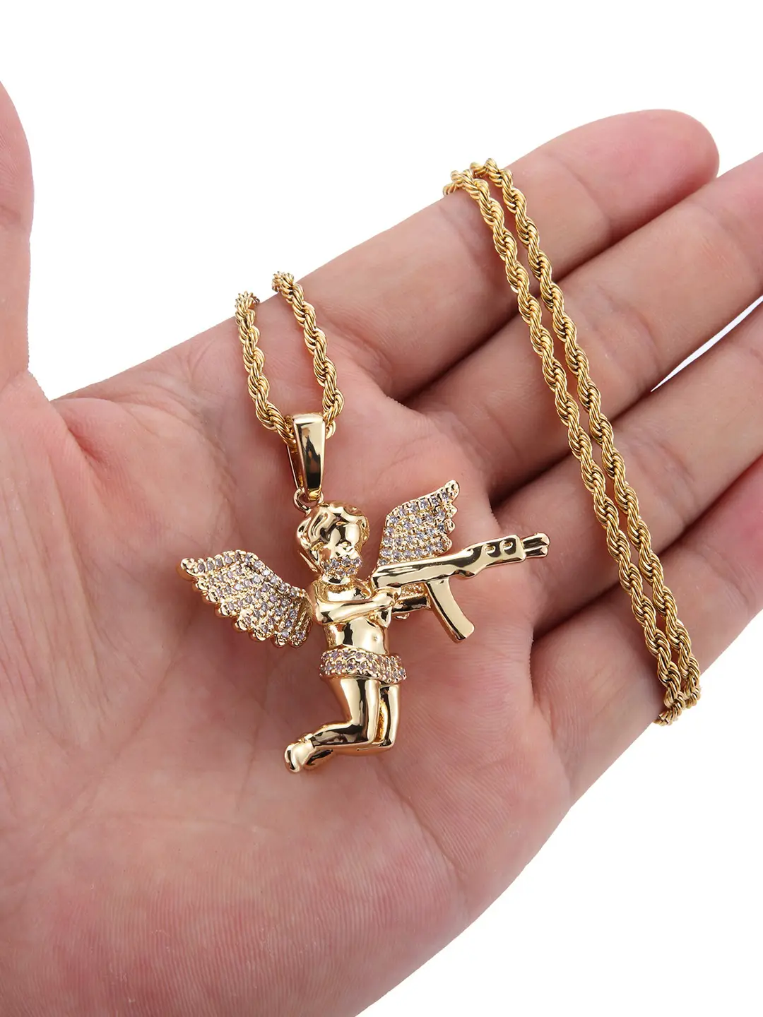 European and American Street Hip-Hop Trendy Brand Pure Copper Micro-Inlaid Zircon Evil Little Angel Necklace for Men and Women, Couple Personalized Gift