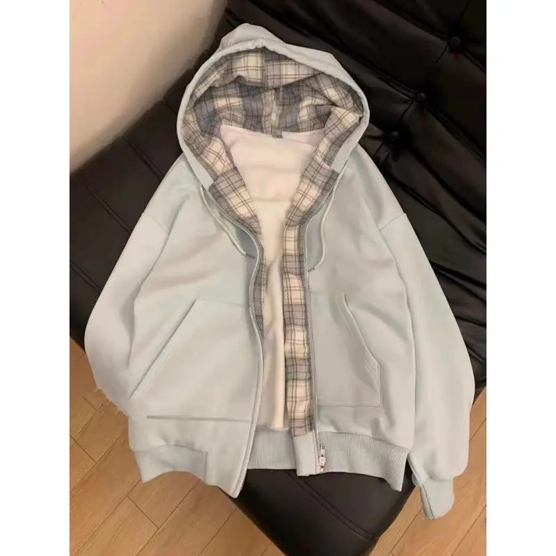 Conquered by Yan Value! Lazy American Style Retro Plaid Hooded Sweatshirt Coat Women's Autumn and Winter fleece-lined Top