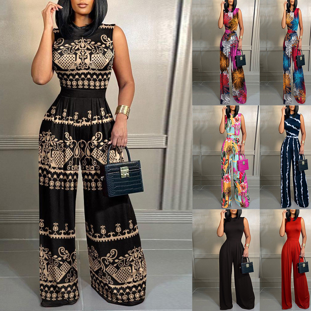 Spring 2023 New European and American Cross-border Hot Casual Trousers Slim-fit Printed Sleeveless Women's Jumpsuit