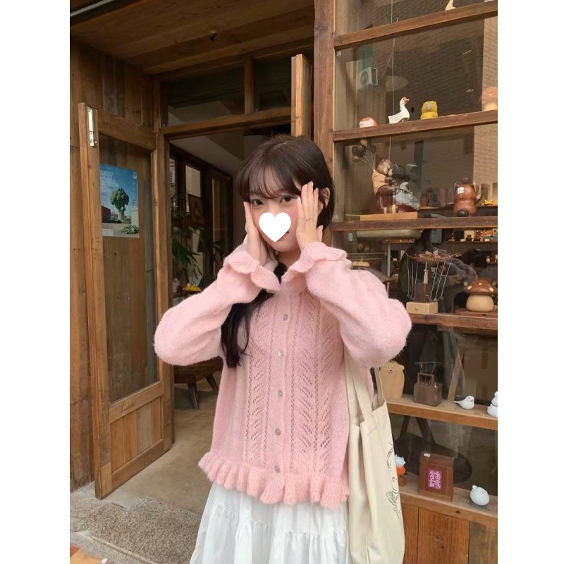 Mohair Ruffled Cut-Out Cardigan 2026 New Spring Stylish Sweater Gentle Style Knit Jacket