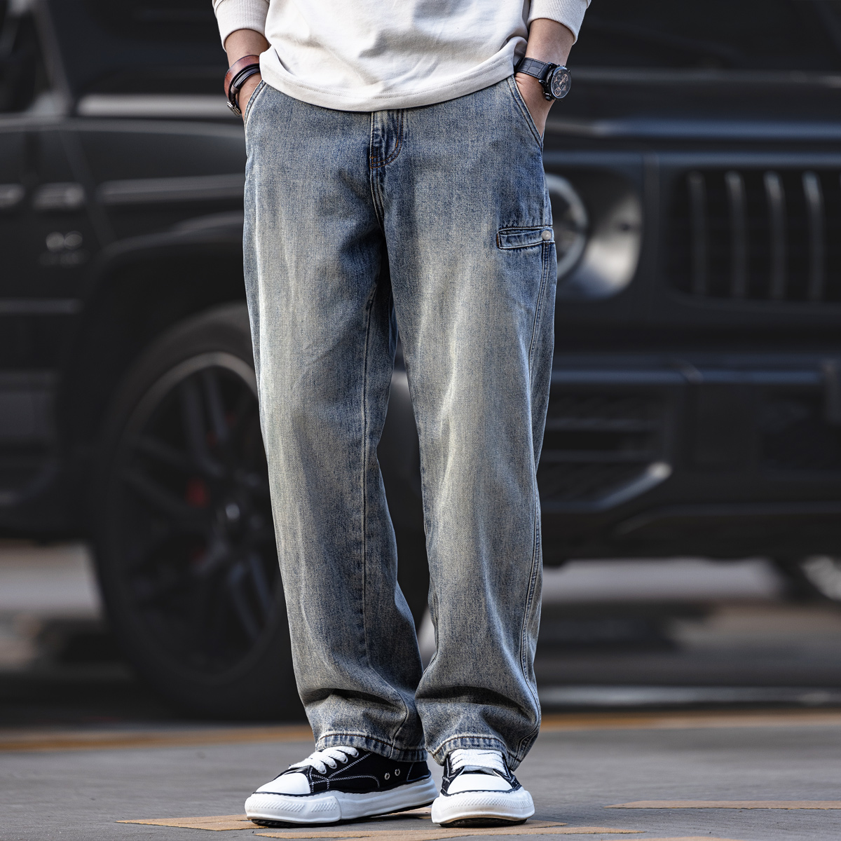American Retro Washed Denim Jeans for Men, Straight Loose Fit, Autumn Casual Trendy Brand Long Pants, Floor-Length Wide-Leg Pants