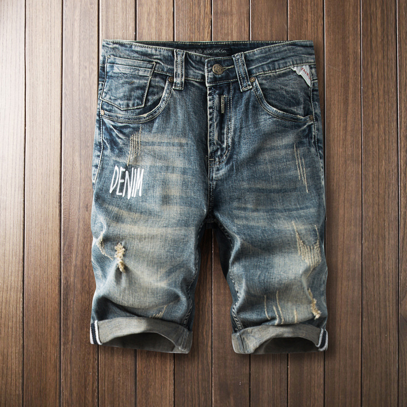 Men's Denim Shorts Men's Ripped Five-point Pants Retro Loose Beggar Korean Fashionable Five-point Pants Summer Breeches