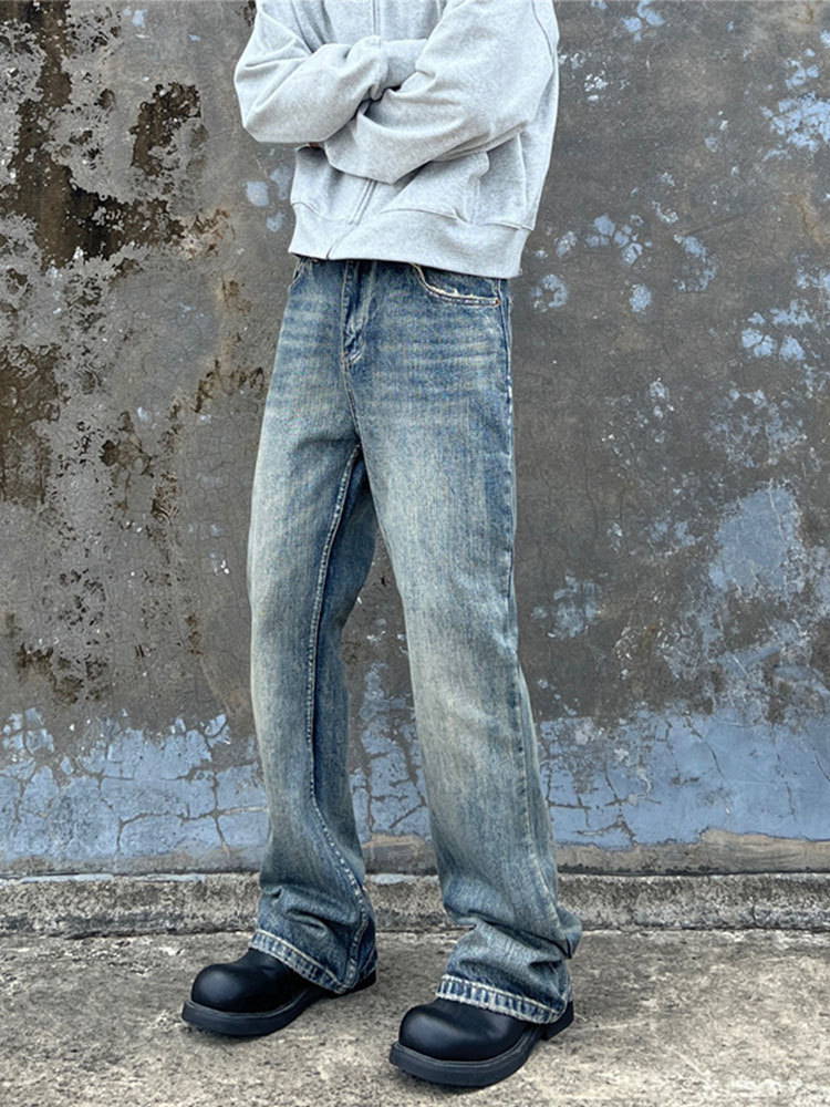 New Retro Vibe Washed Distressed Bootcut Jeans Men's Trendy American Vintage Versatile Straight Pants