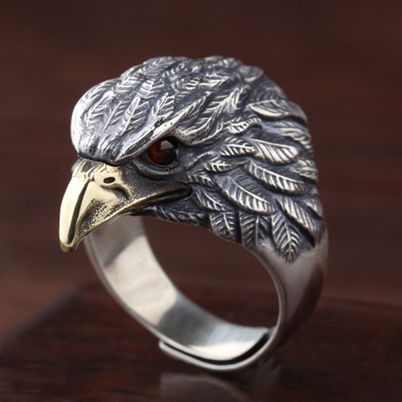 Vintage Eagle Ring Men's Trendy Personalized Food Finger Ring Anti-Thai Silver Ring Fashion Aggressive Eagle Open Ring