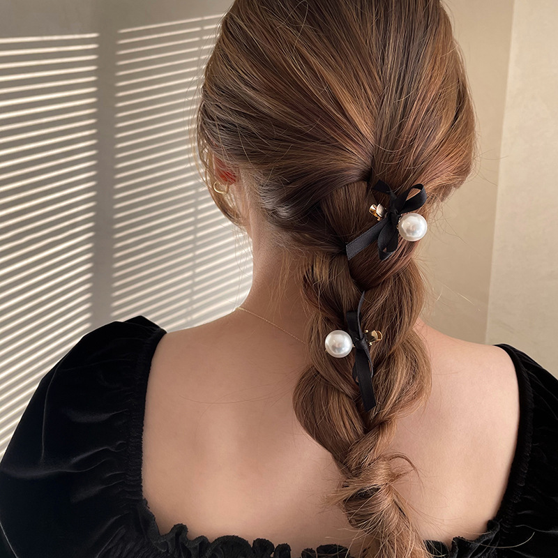 Vintage French Bow Pearl Hairpin Simple Girl Cute Black Hairpin Bangs Side Alloy Small Clip