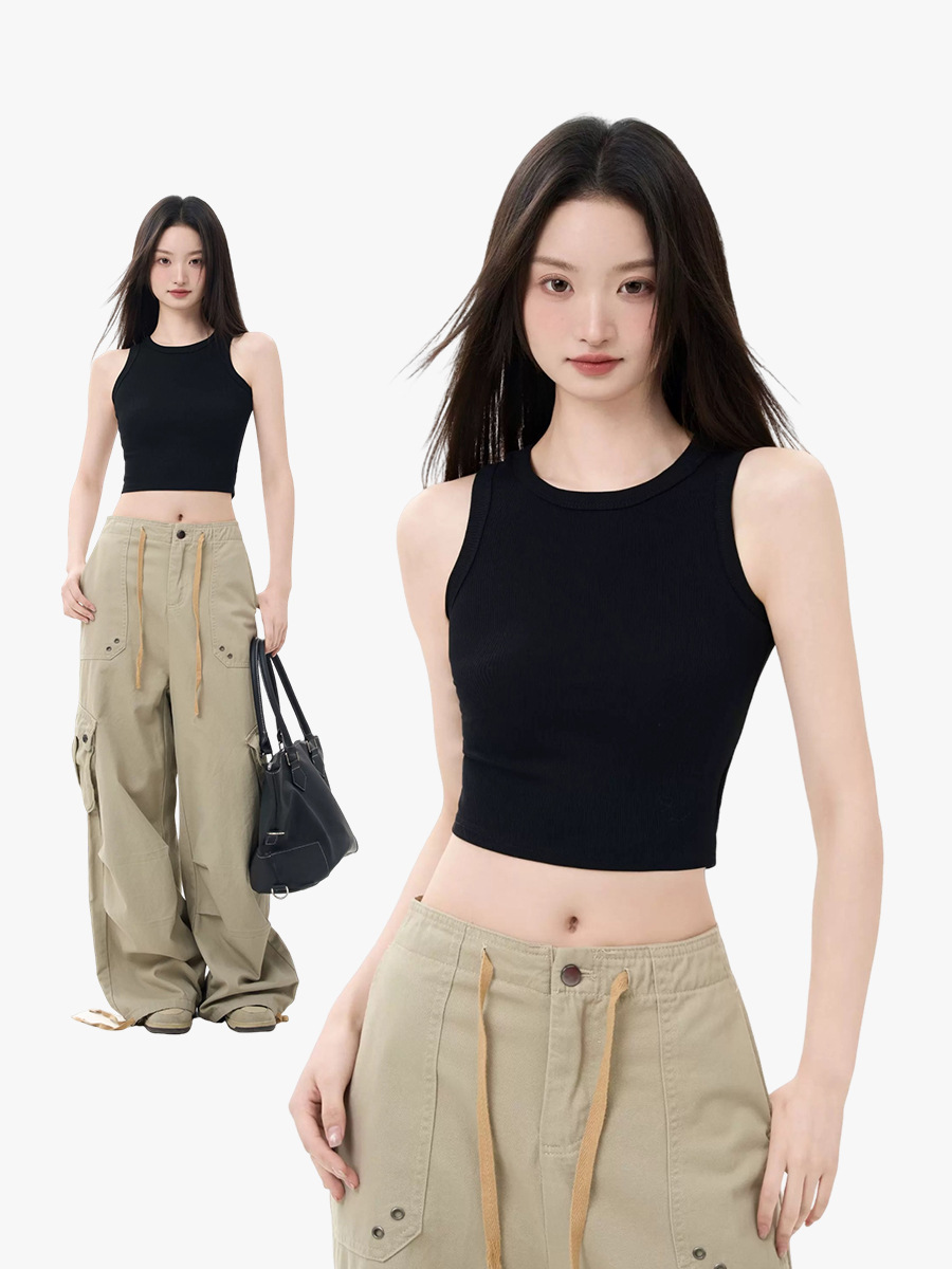Black Short Round Neck Camisole Women's Summer 2025 New Outer Wear Navel-Baring Sexy Sleeveless Bottoming Top