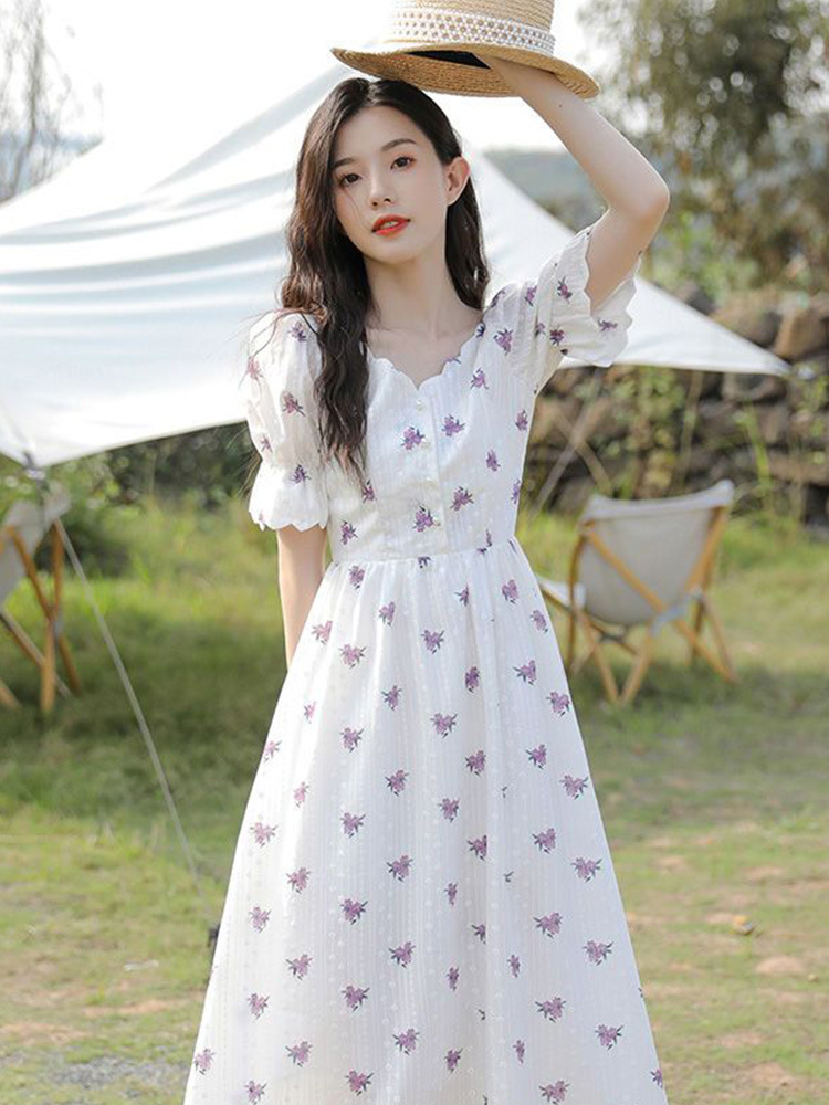 Sweet Floral Fairy Dress for Women, 2026 Summer New Korean Style Artistic Lady Dress, White Long Dress