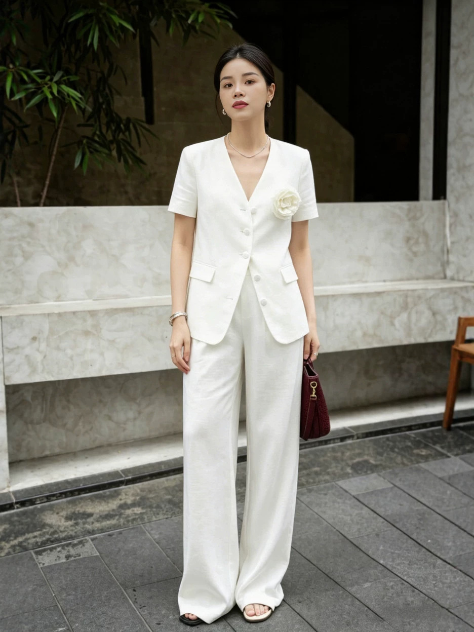 2026 New Style Simple and Elegant Linen Suit High-Quality Short-Sleeved Blazer High-Waisted Wide-Leg Pants Two-Piece Set