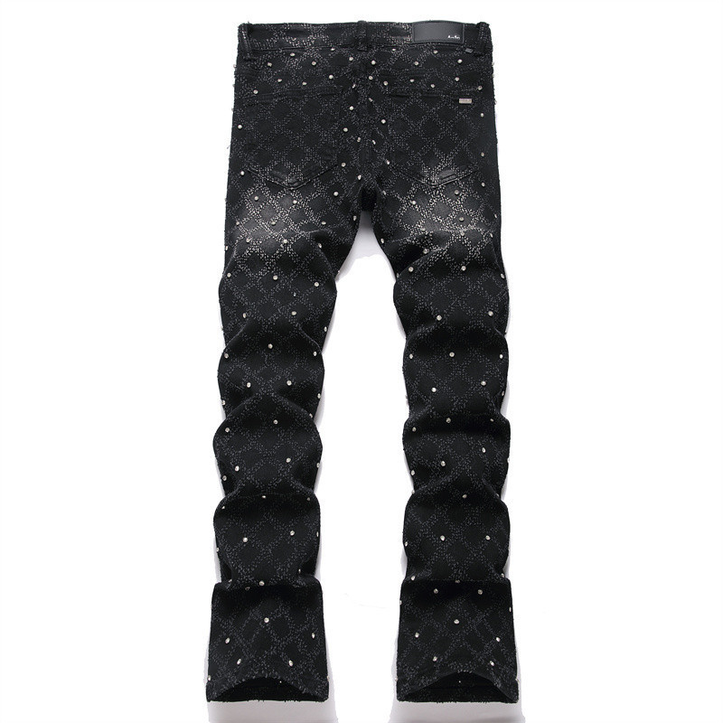 American High Street Style Flared Rhinestone Jeans for Men, Trendy Brand, Slim Fit, Straight Leg, Slimming, Casual, Versatile, Light Luxury Long Pants