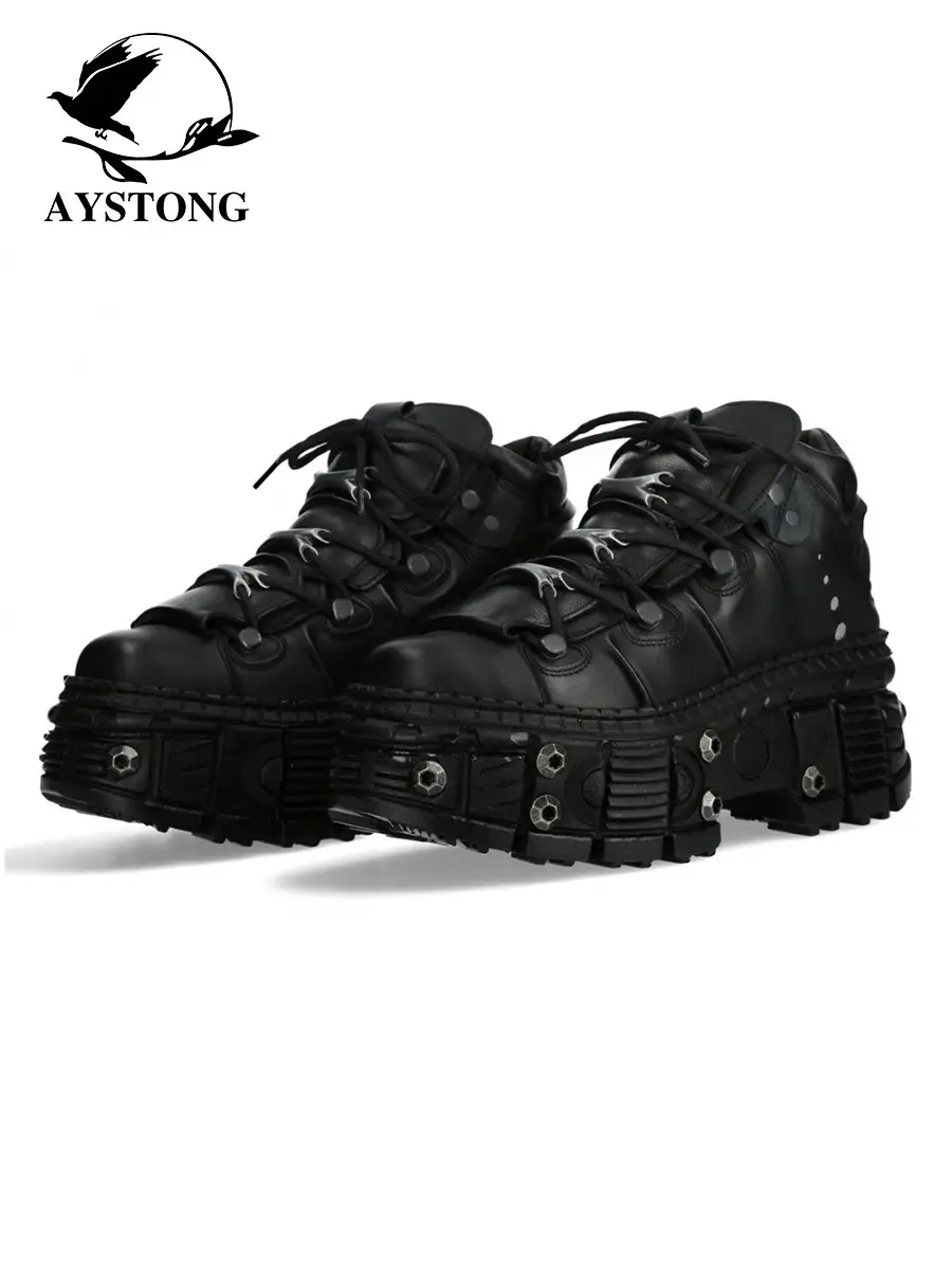 Antique Spanish dark punk shoes, metal Y2K rock style thick soled single shoes, unisex big toe leather shoes