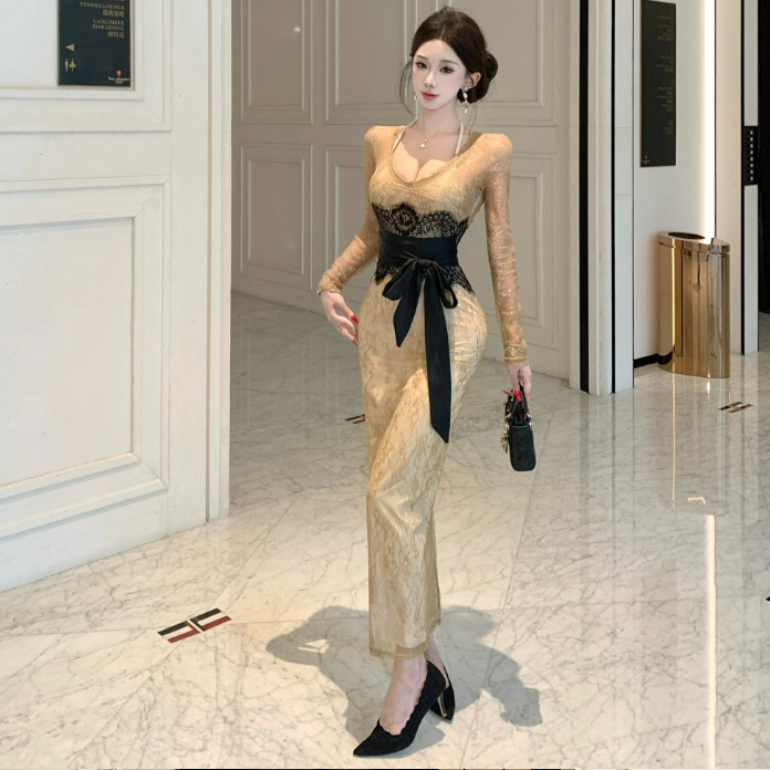 Cross-Border Women's Fashion 2026 Spring Elegant Lace V-Neck High-Waisted Slim-Fit Mid-Length Tie Dress
