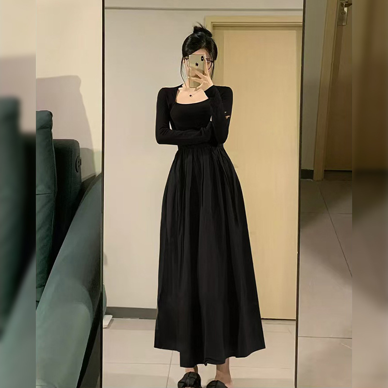 Black French Long-Sleeved Hepburn Style Waist Long Skirt Spring Women's Cotton Spring & Fall Design Elegant Dress