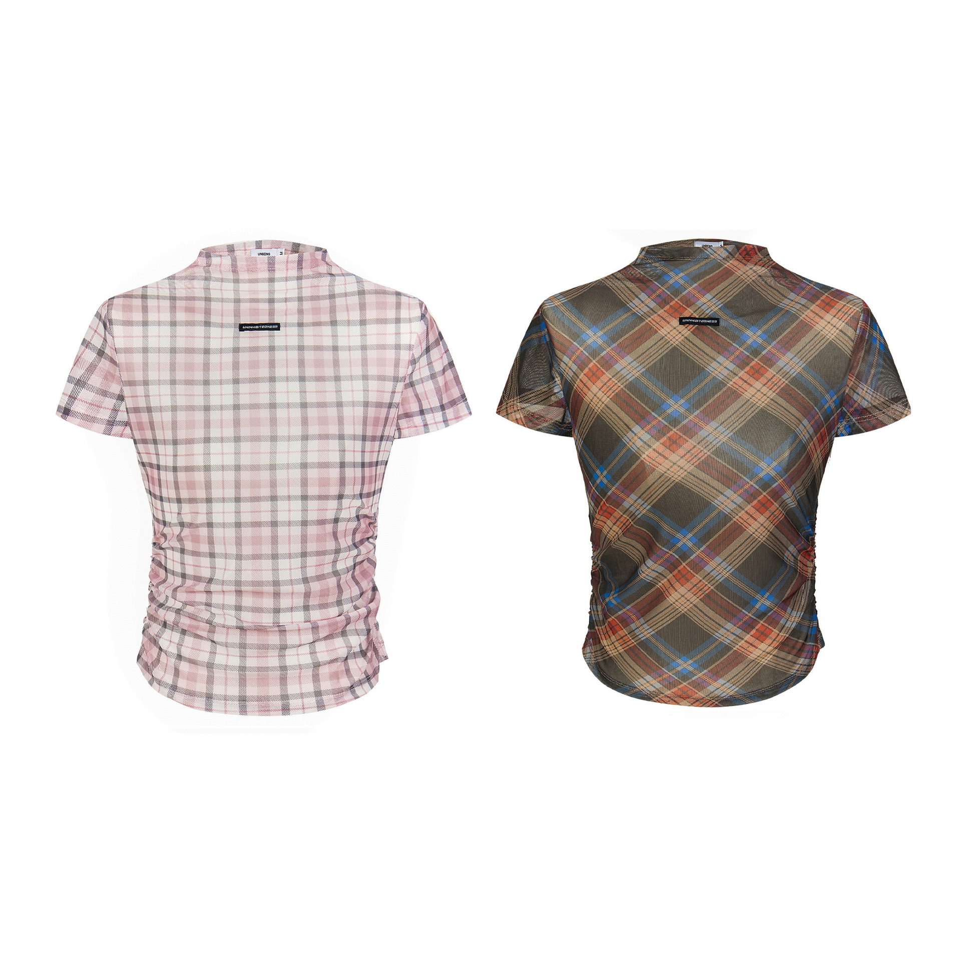 Unbdns Niche Design Sweet and Cool Sexy Slim Fit Retro Plaid Short-Sleeved T-Shirt Small Neckline Top