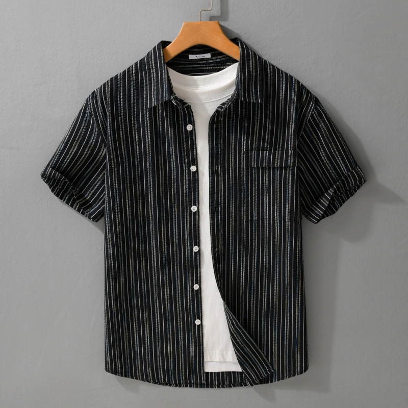 Simple Casual Striped Men's Summer Thin Comfortable Shirt Short-Sleeved Shirt Loose Versatile Cool Linen Shirt 854