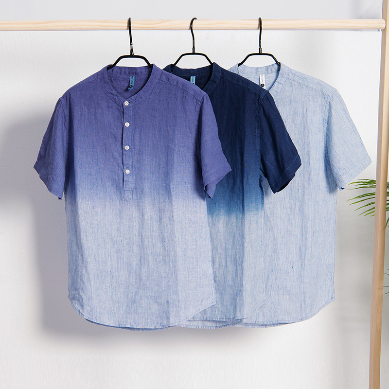 L881 Linen Casual Polo Collar Short T-Shirt Men's Summer New Fresh Gradient Cool Short-sleeved Men's Youth