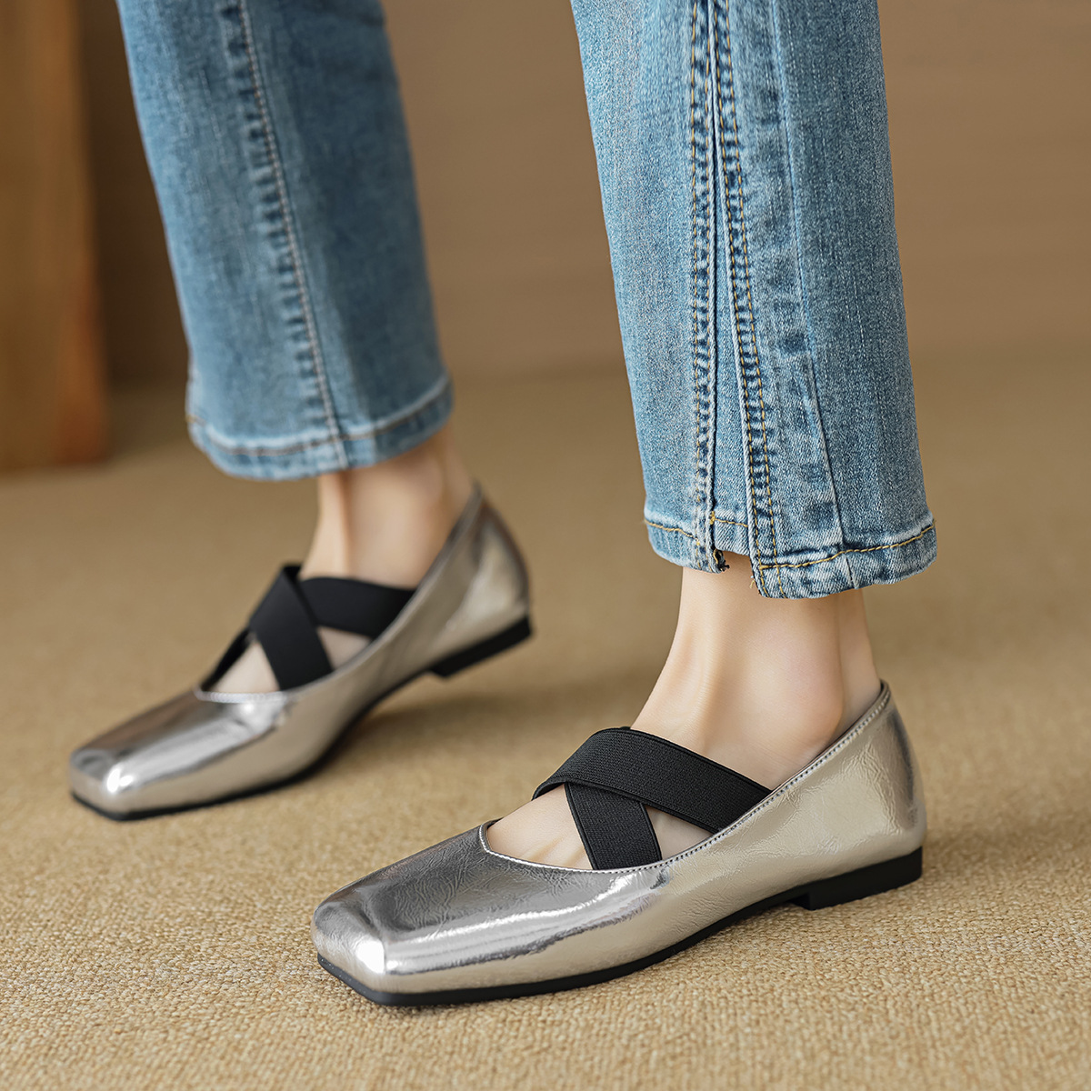 Weiwei girl 8929-3 silver ballet shoes women's low-cut retro cross strap square toe single-layer shoes women's soft bottom