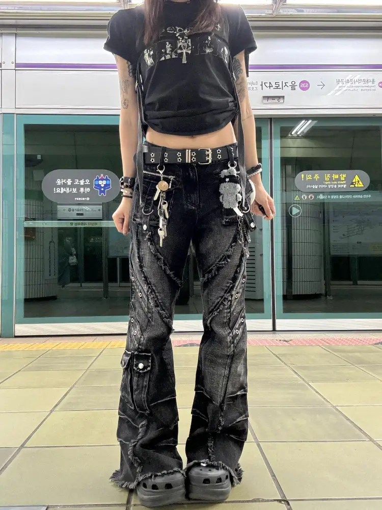 American Street Style Heavy-Duty Raw Edge Pocket Workwear Jeans for Men and Women, Punk Style, Trendy Flared Pants