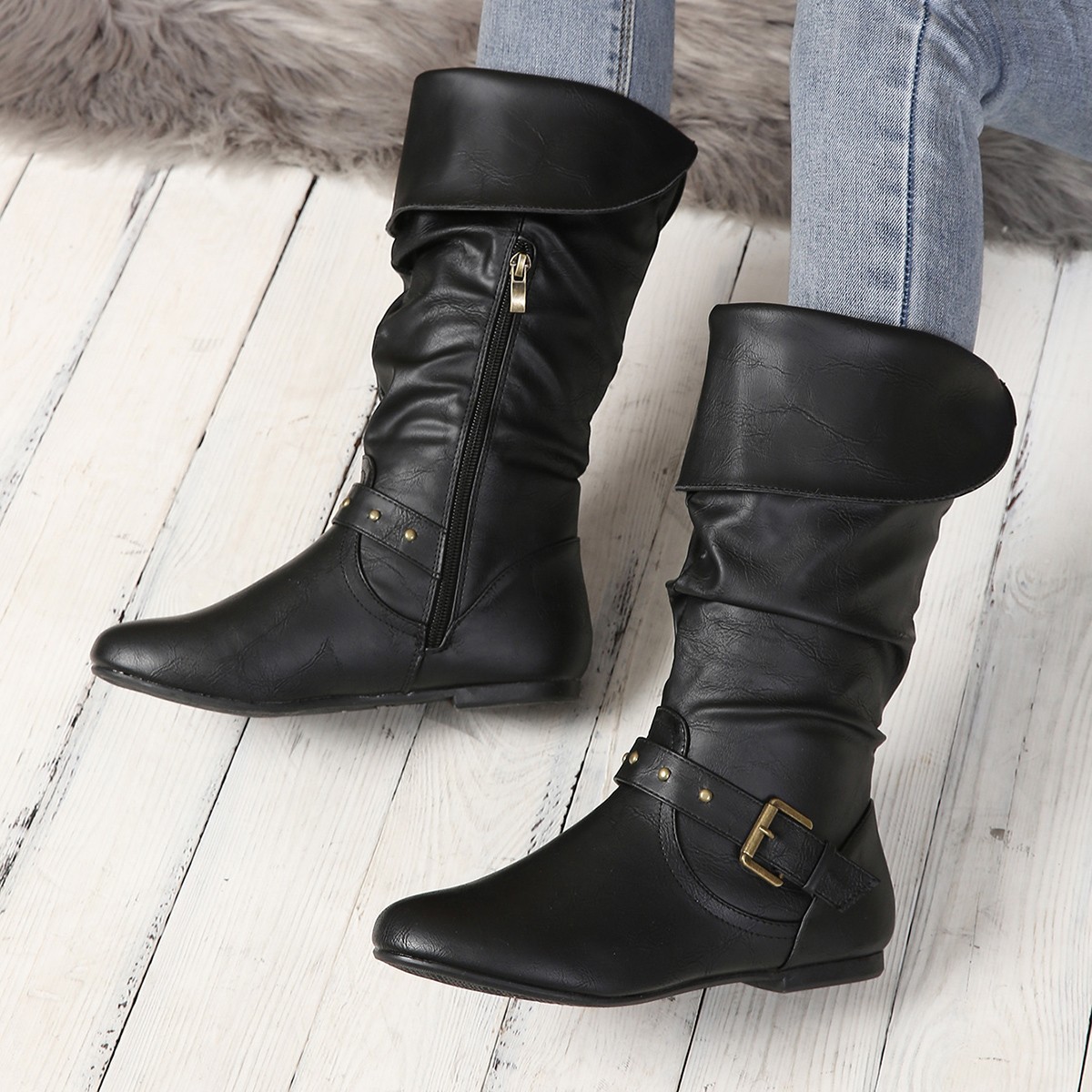 Foreign Trade plus size High-tube Flat-bottom Spice Western Denim Rider Boots 24 New Solid Color Fashion Fashion Boots Cross-border
