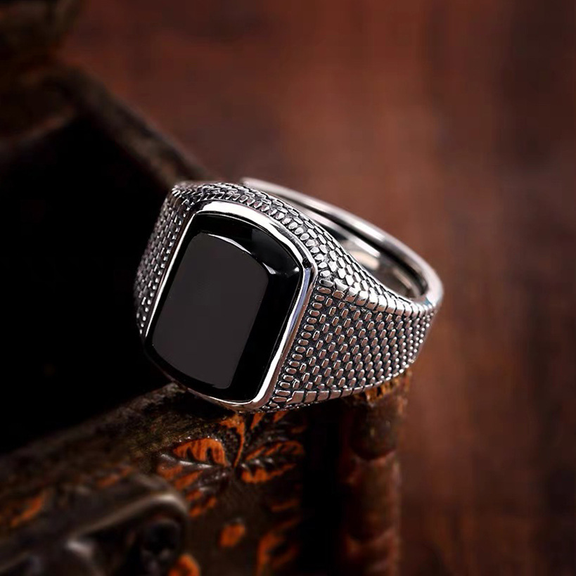 Vintage Distressed Imitation Black Agate Ring Men's Trendy Classic Wide Face Adjustable Personality Trendy Thai Silver Single Ring Ring for Men