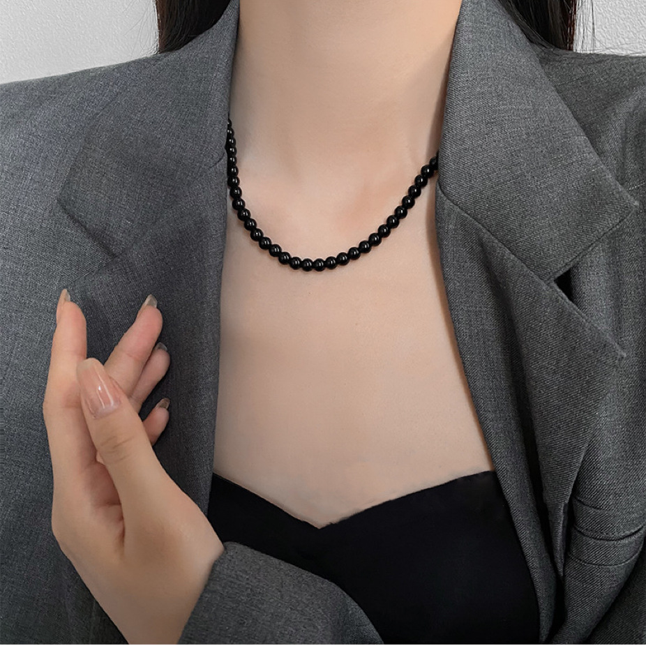 New Chinese style simple personalized high-grade black beaded pearl necklace Women's Light luxury all-match niche sweater chain collar