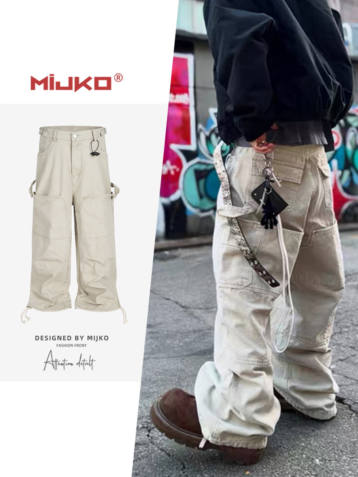 Mijko Men's and Women's Cargo Work Pants, Unisex Style, Multi-Pocket, Drawstring Cuffs, Straight-Leg Casual Pants, Trendy