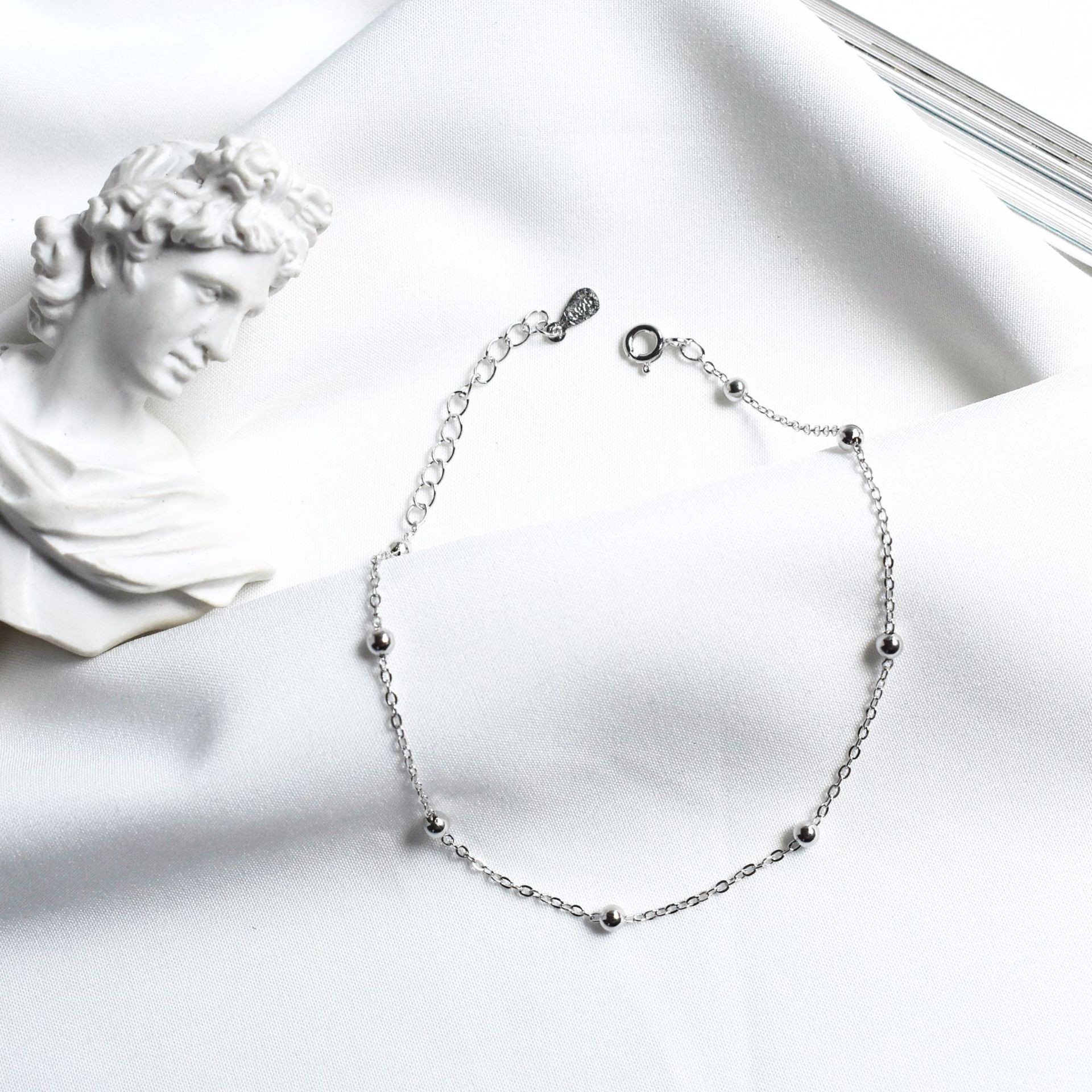 2026 New Model S925 Sterling Silver Beaded Cross Chain Anklet Korean Ins Style Simple Foot Jewelry Personalized Accessory
