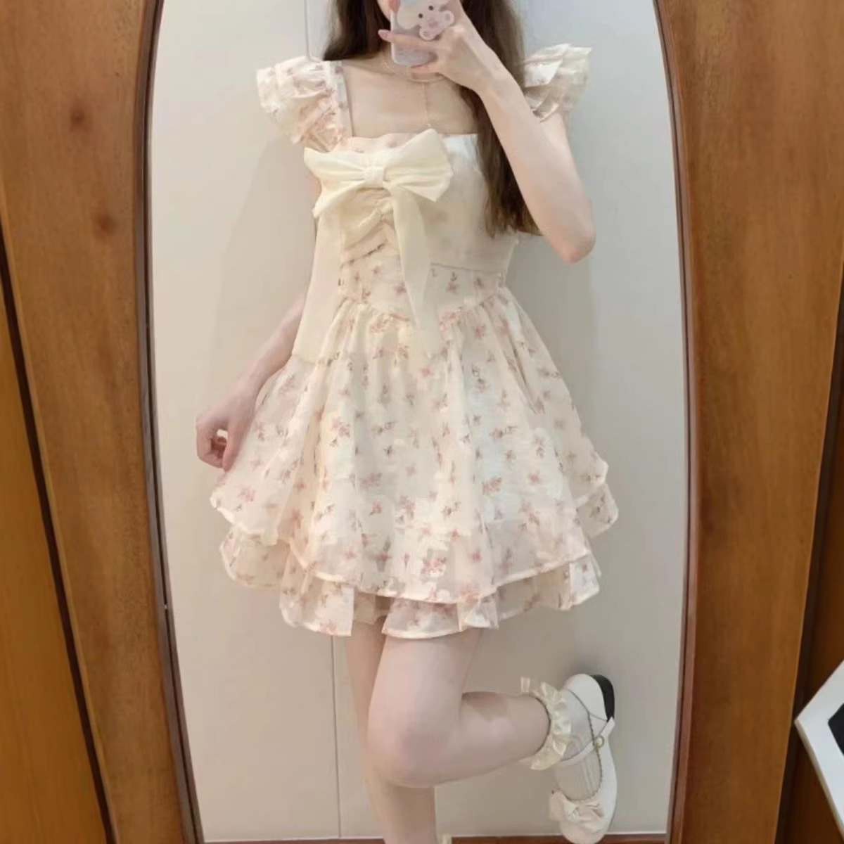 Sweet Style Flutter Sleeve Bow Dress 2026 Summer First Love Princess Puffy Dress Petite Waist-Cinching Short Dress