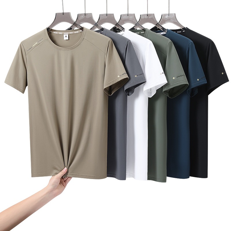 2026 New Style Round Neck Short-Sleeved Men's Summer Thin Sports Casual Ice Silk Half-Sleeved Men's Clothing 81 Nylon 19 Spandex