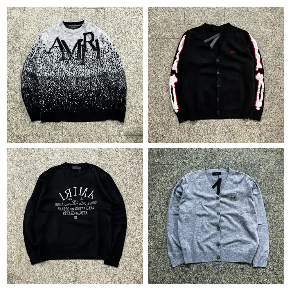 Cross-Border European and American Trendy Brand Amri Micro-Label Letter Bone Jacquard Casual Knitted Sweater Men's and Women's High Street Sweater Jacket