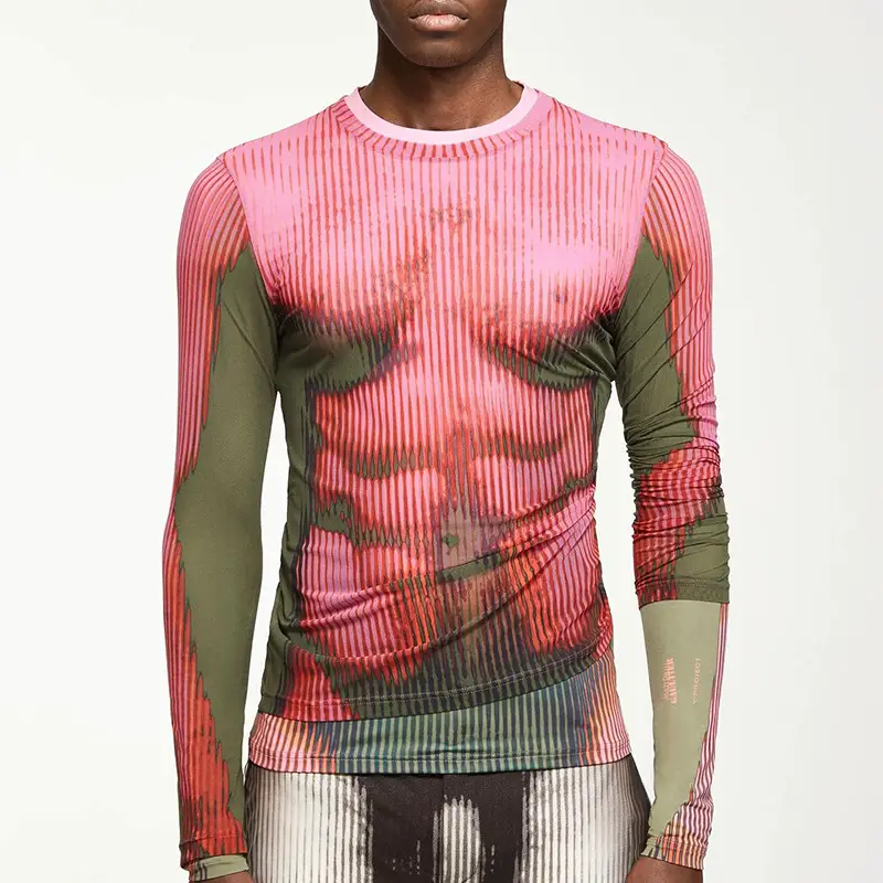 Autumn New arrival Tight-Fitting Long sleeves sexy Tops Men's Stripes Print Round Neck Elastic T-Shirt Boys