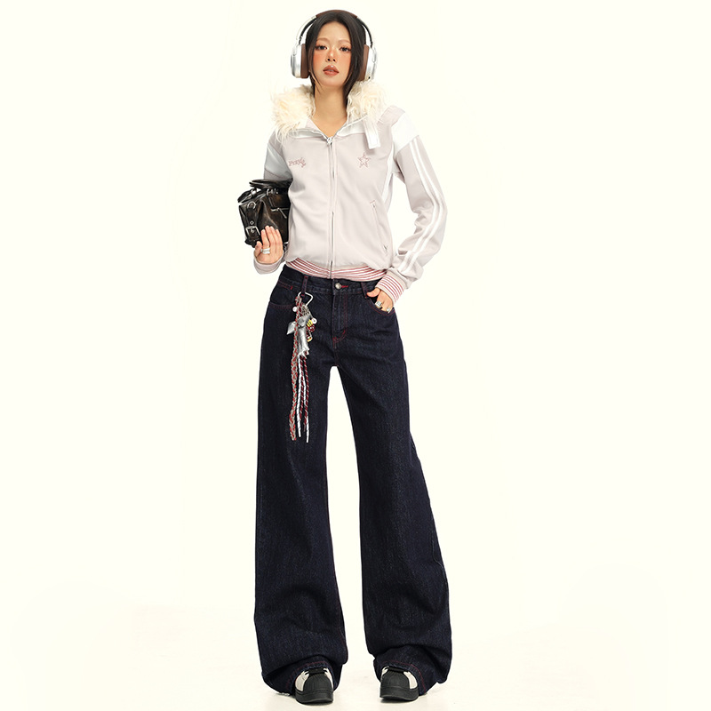 American-Style Dark Blue Low-Waist Wide-Leg Jeans for Women 2025 Autum New Straight-Leg Loose High-Waist Slim Floor-Length Pants