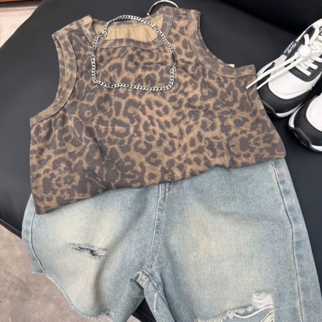 Summer Boys and Girls Suits, Baby Fashionable Kidsren's Stylish Trendy Korean Style Leopard Print Vest Ripped Denim Shorts