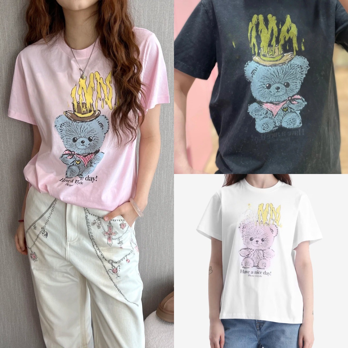 2026 Early Spring New Niche Style Letter Bear Vintage Print Round Neck Loose Short-Sleeve Pink Pure Cotton T-Shirt