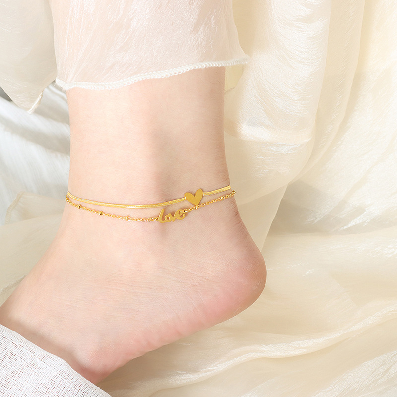 Gold Heart-shaped Anklet Women's Color-free Niche Ankle Chain Light Luxury Elegant Foot Chain Titanium Steel 18K Gold Vintage Jewelry