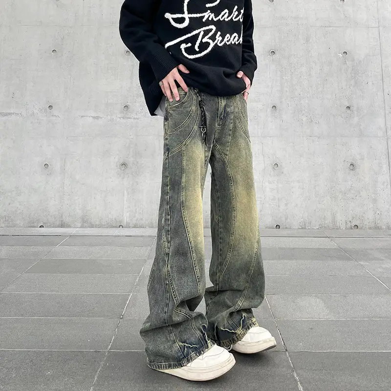 American-style retro high street vibe streamline deconstructed old yellow mud dyed jeans men's fashionable ins wide-leg flared pants